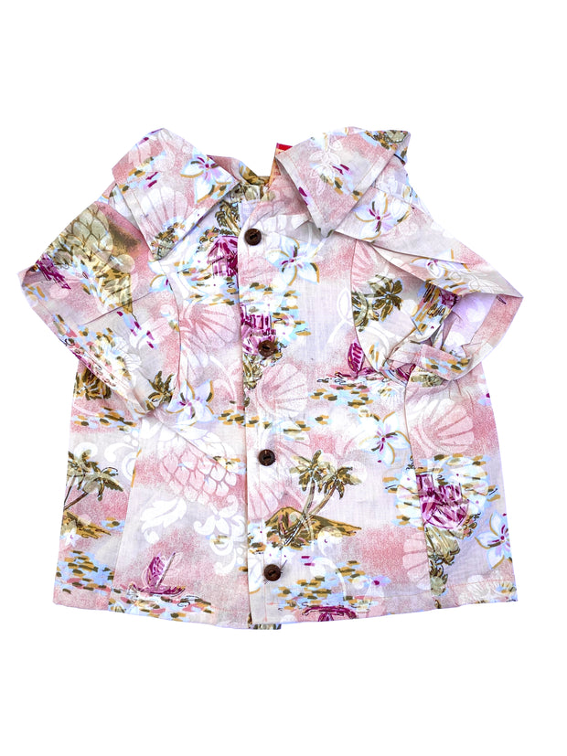 Camp shirt, Peach Scenic sunset with wood buttons