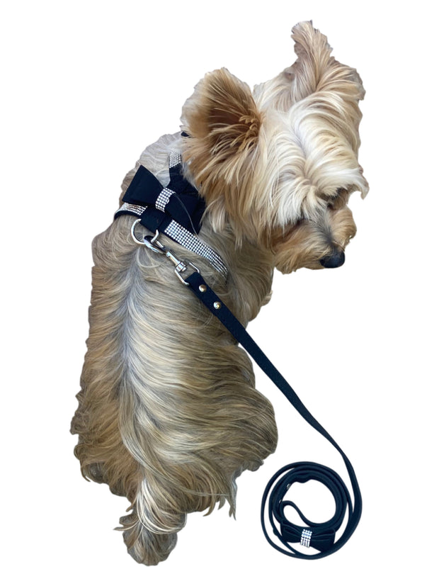 Rhinestone Pleather Dog Harness with Bow, Black