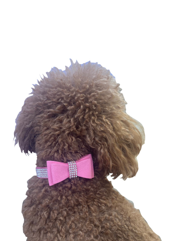 Rhinestone Pleather Dog Collar with Bow, Pink