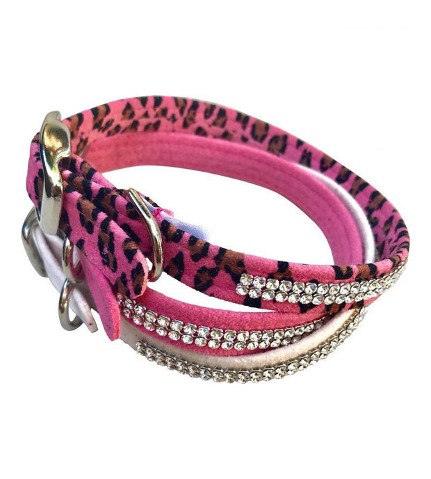 Ultrasuede Glamour Girl Swarovski 2 Row Dog Collar, Pink Cheetah