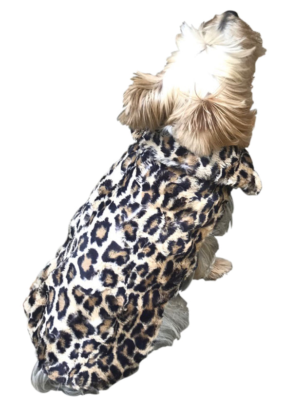 Luxury Bella Faux Fur Dog Coat, Leopard Sand