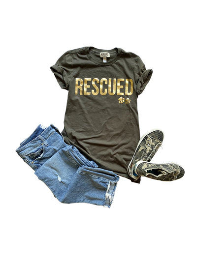 'RESCUED' Women's Tee, Olive with Gold foil